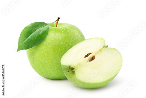 Fresh green apple with green leaf and sliced isolated on white background.