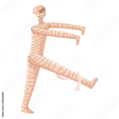 Funny mummy in white bandages walking somewhere on a white background. Monster Halloween character. Vector flat hand drawn illustration isolated on white