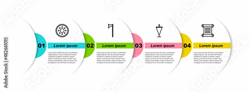 Set line Round wooden shield, Medieval axe, flag and Decree, parchment, scroll. Business infographic template. Vector
