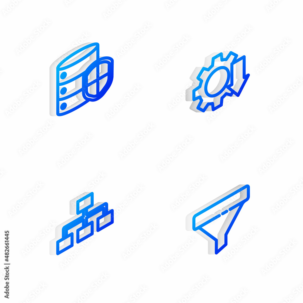 Set Isometric line Cost reduction, Server with shield, Hierarchy organogram chart and Sales funnel icon. Vector Set Isometric line Cost reduction, Server with shield, Hierarchy organogram chart and Sales funnel icon. Vector