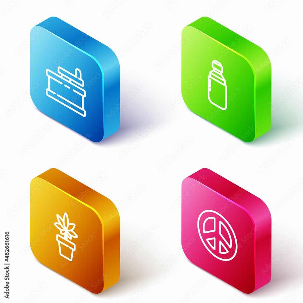 Set Isometric line Manual grinder, Marijuana or cannabis olive oil, plant and Peace icon. Vector Set Isometric line Manual grinder, Marijuana or cannabis olive oil, plant and Peace icon. Vector