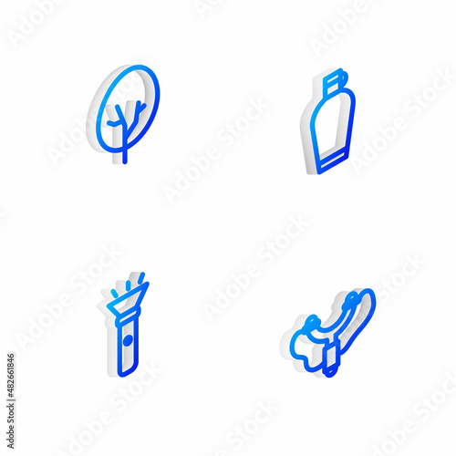 Set Isometric line Canteen water bottle, Tree, Flashlight and Slingshot icon. Vector