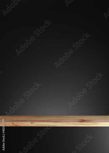 Wood podium or pedestal on black background. Minimal cosmetic background for product presentation. 3d rendering