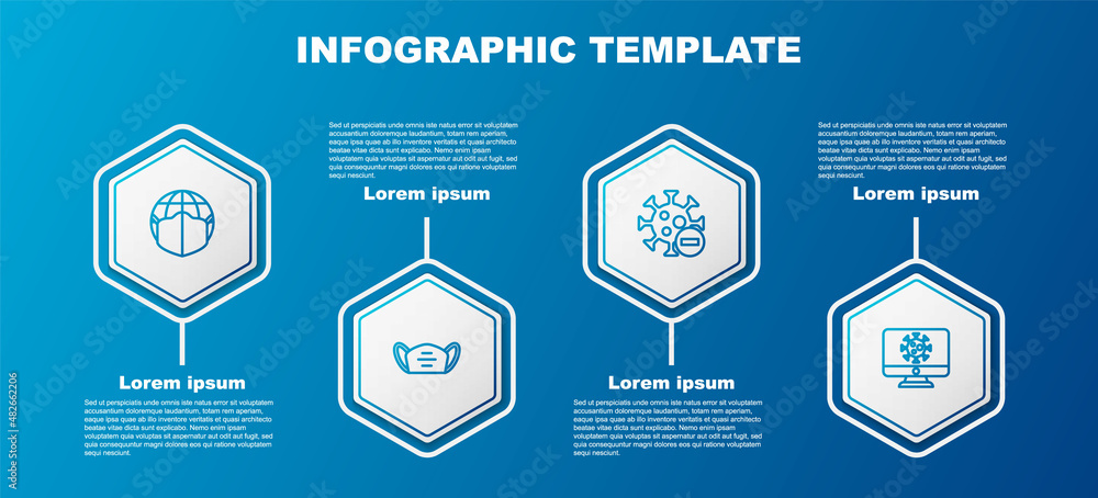 Set line Earth with medical mask, Medical protective, Negative virus and Virus statistics on monitor. Business infographic template. Vector Set line Earth with medical mask, Medical protective, Negative virus and Virus statistics on monitor. Business infographic template. Vector