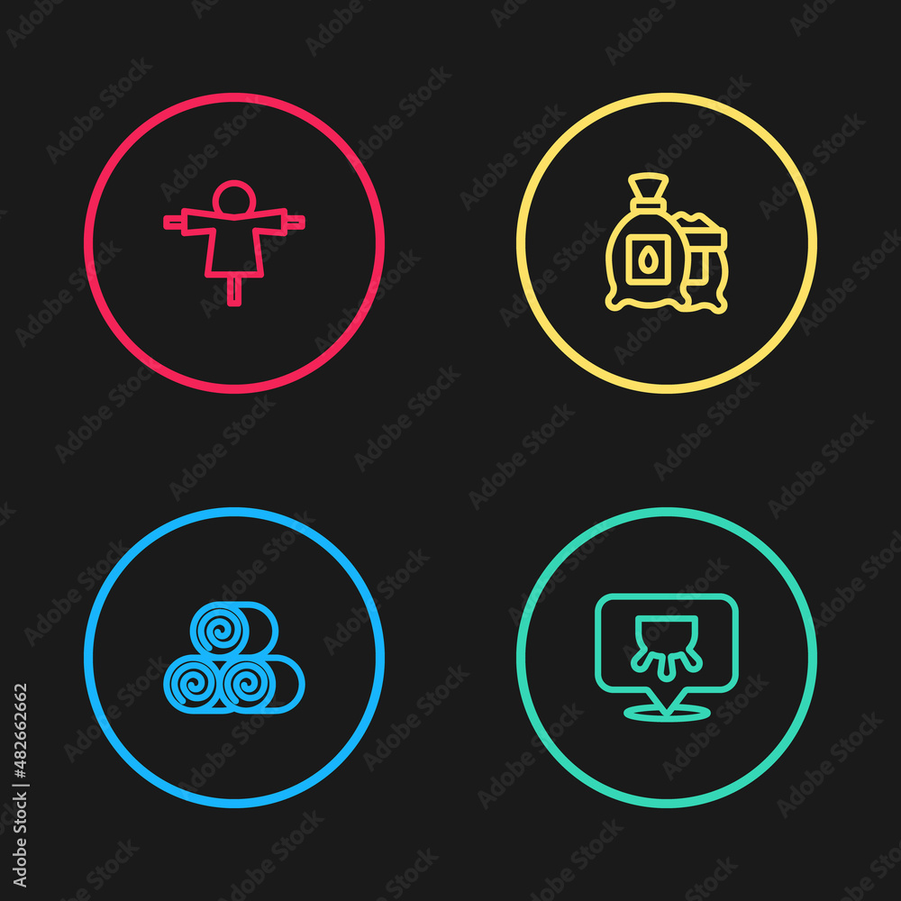 Set line Roll of hay, Udder, Pack full seeds plant and Scarecrow icon. Vector Set line Roll of hay, Udder, Pack full seeds plant and Scarecrow icon. Vector