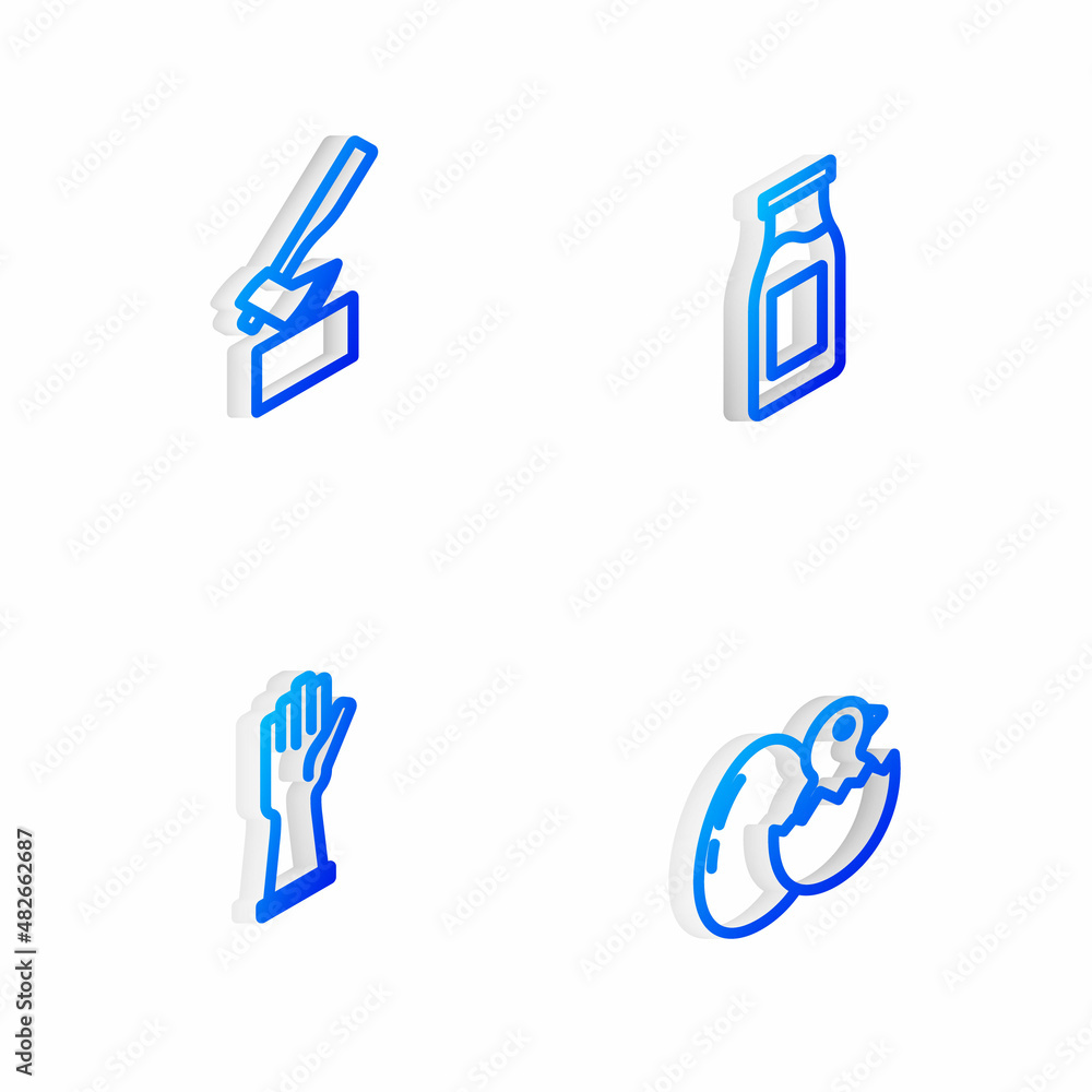 Set Isometric line Bottle with milk, Wooden axe, Rubber gloves and Little chick in cracked egg icon. Vector Set Isometric line Bottle with milk, Wooden axe, Rubber gloves and Little chick in cracked egg icon. Vector