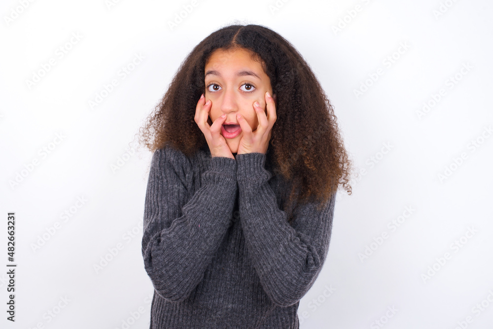 Stupefied teenager girl wearing grey sweater standing against wite background expresses excitement and thrill, keeps jaw dropped, hands on cheeks, has eyes popped out Stupefied teenager girl wearing grey sweater standing against wite background expresses excitement and thrill, keeps jaw dropped, hands on cheeks, has eyes popped out