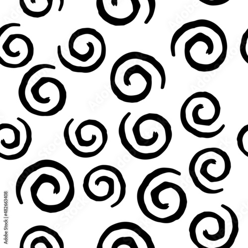 Seamless pattern with black curls on white background. Vector design for textile, backgrounds, clothes, wrapping paper, fabric and wallpaper. Fashion illustration seamless pattern.