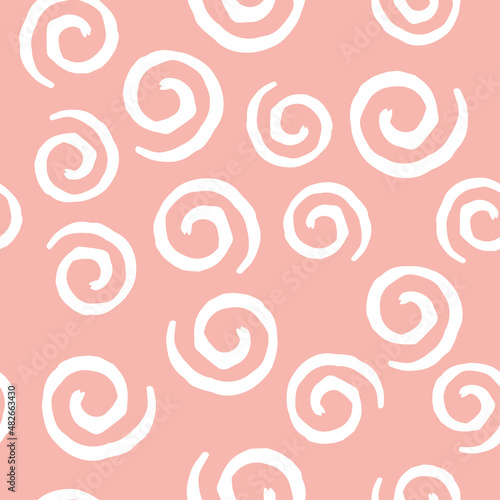Seamless pattern with white curls on light pink background. Vector design for textile, backgrounds, clothes, wrapping paper, fabric and wallpaper. Fashion illustration seamless pattern.