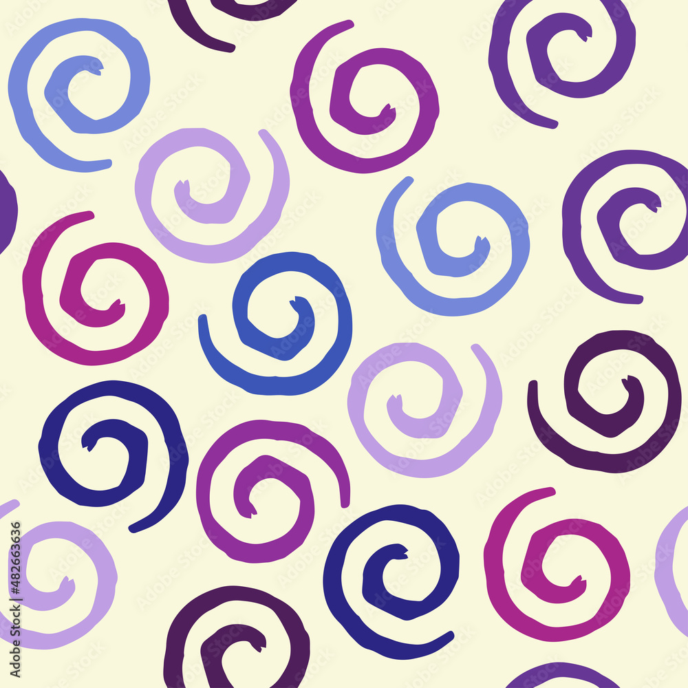 Naklejka premium Seamless pattern with blue and purple curls on white background. Vector design for textile, backgrounds, clothes, wrapping paper, web sites and wallpaper. Fashion illustration seamless pattern.