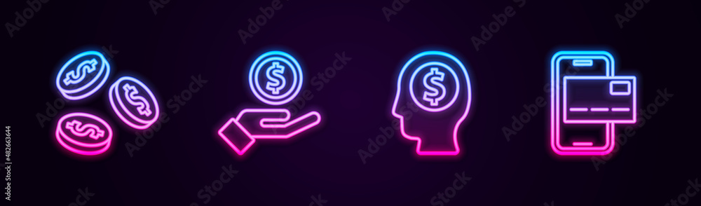 Set line Coin money with dollar, Hand giving, Business man planning mind and Mobile banking. Glowing neon icon. Vector Set line Coin money with dollar, Hand giving, Business man planning mind and Mobile banking. Glowing neon icon. Vector