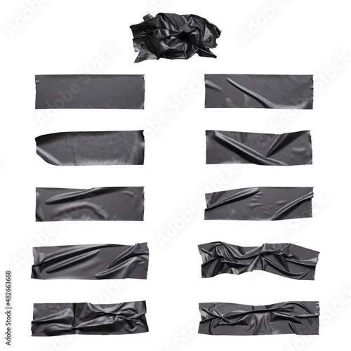 Black wrinkled adhesive tape of different sizes isolated on white background. Vector illustration.