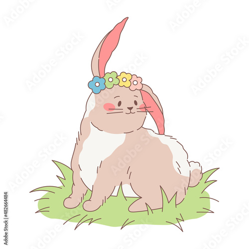 Cute fluffy easter rabbit with a wreath of flowers. Vector illustration of plump hand drawn beige and white beauty bunny. Cartoon style design.
