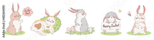 Set of cute fluffy hand drawn bunnies. Vector illustration collection of rabbits and hares with easter eggs. Bunnies bundle in different poses with text bubbles and frames.