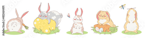 Set of cute fluffy hand drawn bunnies. Vector illustration collection of easter rabbits.