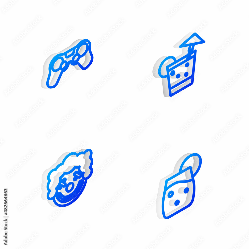 Set Isometric line Cocktail, Gamepad, Clown head and icon. Vector Set Isometric line Cocktail, Gamepad, Clown head and icon. Vector
