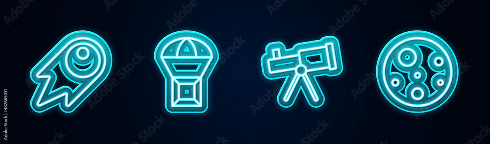 Set line Comet falling down fast, Box flying on parachute, Telescope and Planet Mars. Glowing neon icon. Vector Set line Comet falling down fast, Box flying on parachute, Telescope and Planet Mars. Glowing neon icon. Vector