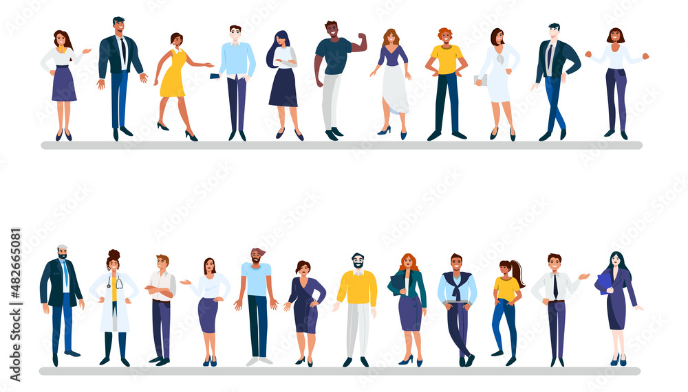 Business multinational team. Vector illustration of diverse cartoon men and women of various races, ages and body type in office outfits. Isolated on white.