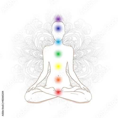 Chakras concept. Silhouette in lotus position over gray ornate mandala. Vector illustration.