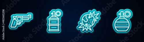 Set line Pistol or gun, Hand smoke grenade, Bomb explosive planet earth and . Glowing neon icon. Vector