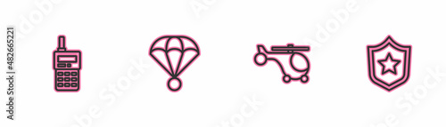 Set line Walkie talkie, Helicopter, Parachute and Police badge icon. Vector