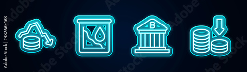 Set line Dollar rate decrease, Drop in crude oil price, Bank building and . Glowing neon icon. Vector