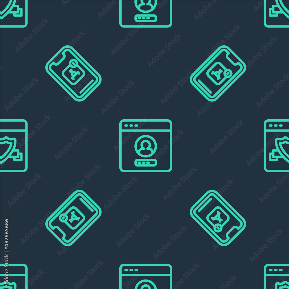Set line Create account screen, Mobile Apps and Browser with shield on seamless pattern. Vector Set line Create account screen, Mobile Apps and Browser with shield on seamless pattern. Vector