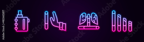 Set line Electronic cigarette, Giving up, Disease lungs and Smoking. Glowing neon icon. Vector