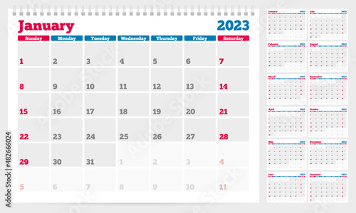 Calendar 2023 planner template. Week starts on Sunday. Set of 12 months. Vector illustration