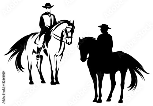 cowboy rider riding standing horse - wild west ranger black and white vector silhouette and outline design