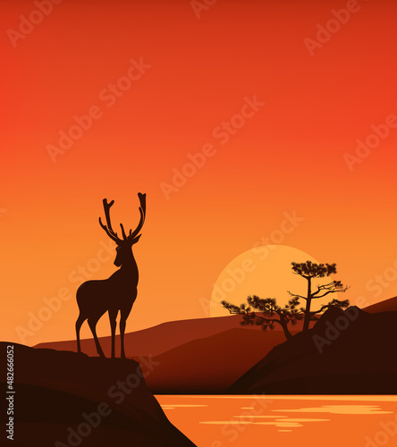 deer stag standing on cliff at sunset with pine tree and lake shore in background - wilderness vector silhouette scene