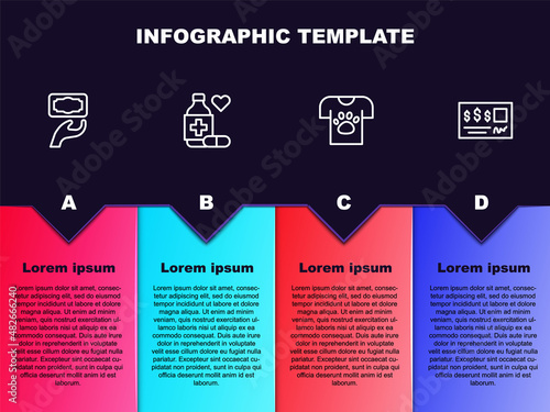 Set line Donation and charity, Medicine bottle pills, Animal volunteer and Bank check. Business infographic template. Vector