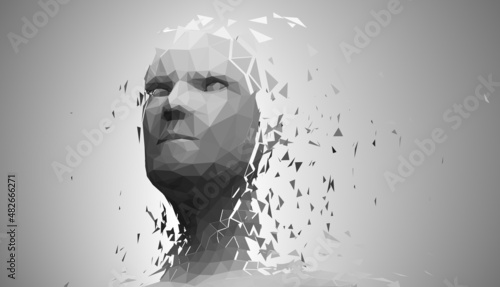 Human head, low poly style 3d vector wireframe object broken into different particles.