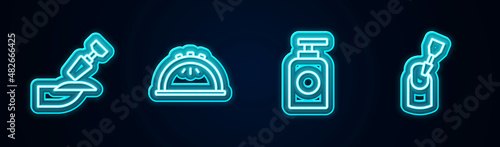 Set line Milling cutter for manicure, Manicure lamp, Tube of hand cream and . Glowing neon icon. Vector