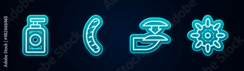 Set line Tube of hand cream, Nail file, False nails and . Glowing neon icon. Vector