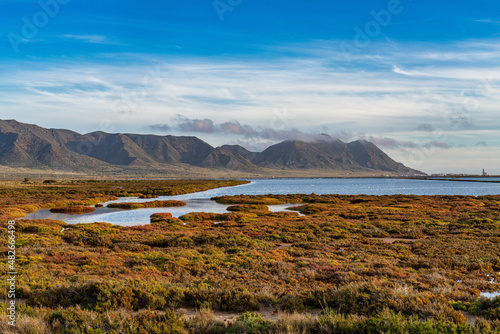 Las Salinas in Cabo de Gata Almeria. Flamingos lake in Spain © rudiernst