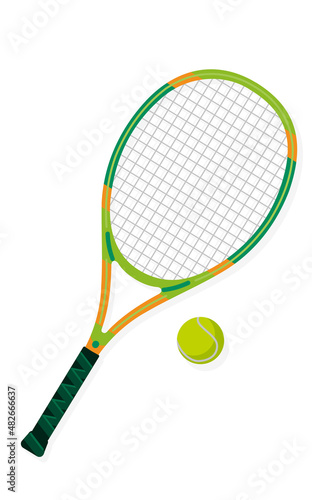 Colored tennis racket with a yellow tennis ball on a white background.Sports equipment. © KsenAlex