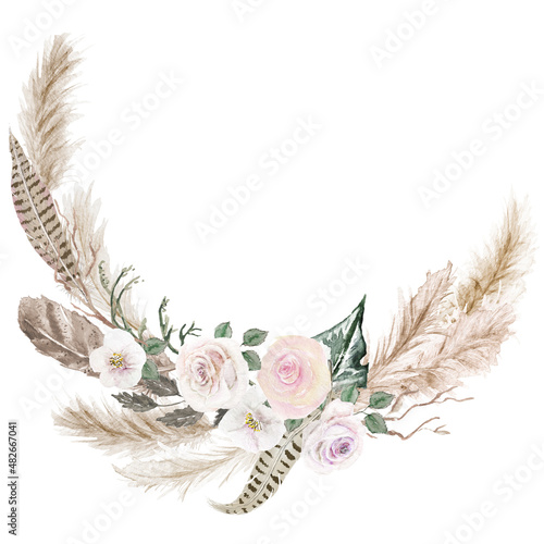 Watercolor Hand Painted Exotic Wreath, Dry plant isolated on white background, Bohemian tropical leaves and branches of pampas grass Frame, Pastel Floral Illustration for wedding design, greetings