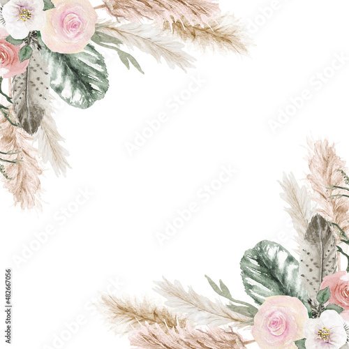 Watercolor Hand Painted Exotic Corner, Bohemian tropical leaves and branches of pampas grass Frame, Dry plant isolated on white background, Pastel Floral Illustration for wedding design, greetings