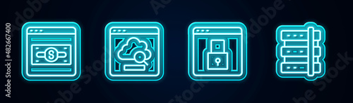 Set line Online shopping on screen, Cloud technology data transfer, Secure your site with HTTPS, SSL and Server. Glowing neon icon. Vector