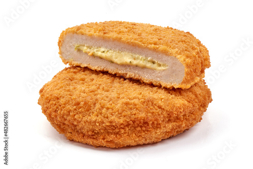Fried chicken Cordon bleu with cheese in breadcrumbs, isolated on white background. photo