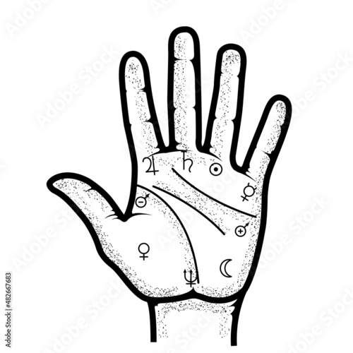 Palmistry map on open palm, fortune telling by hand and the lines of fate, prediction and divination, vector