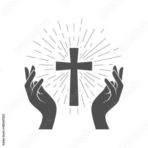 Fotografia Prayer symbol, shining Crucifix and hands of believer, holy cross worship, vecto
