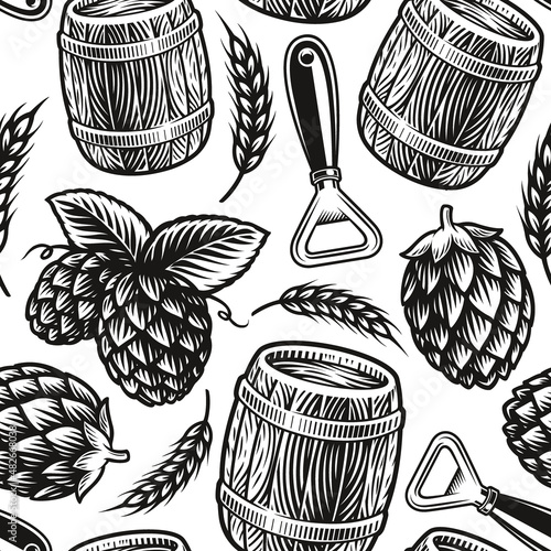 Black and white beer seamless pattern in vintage style
