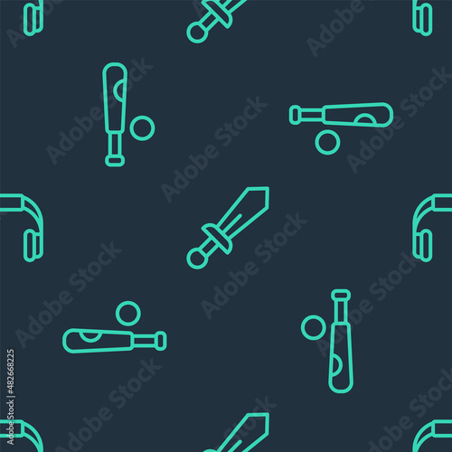 Set line Sword toy, Baseball bat with ball and Headphones on seamless pattern. Vector