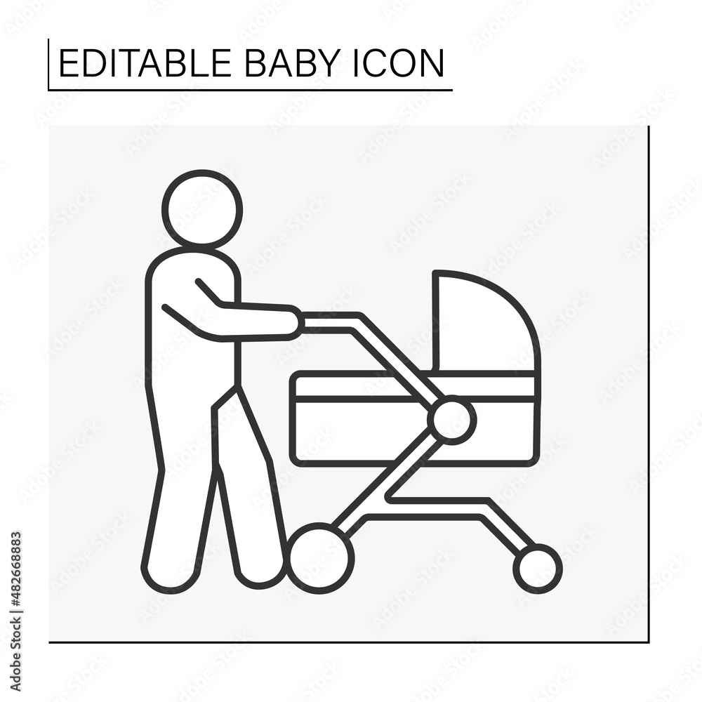 Baby line icon. Man with newborn carriage and strollers. Baby products. Childhood concept. Isolated vector illustration. Editable stroke Baby line icon. Man with newborn carriage and strollers. Baby products. Childhood concept. Isolated vector illustration. Editable stroke