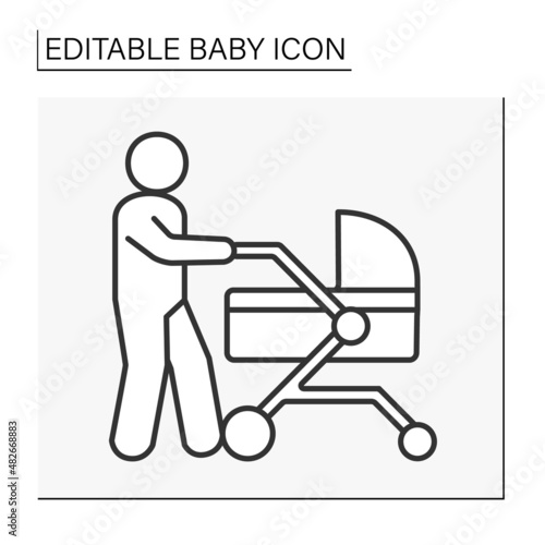  Baby line icon. Man with newborn carriage and strollers. Baby products. Childhood concept. Isolated vector illustration. Editable stroke