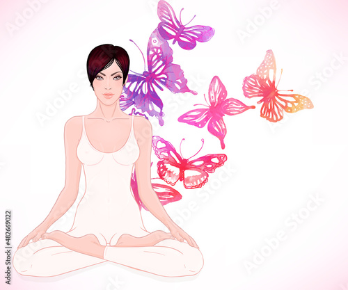 Beautiful Caucasian Girl with long hair sitting in Lotus pose with butterflies on background. Vector illustration. Spa consent, yoga studio, or natural medicine clinic.