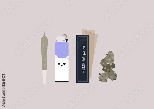 A set of weed-smoking items: a rolled joint, a lighter, a box of hemp rolling paper, and a cannabis bud