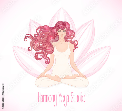 Beautiful Caucasian Brunette Girl sitting in Lotus pose with a flower on background. Vector illustration. Spa consent, yoga studio, or natural medicine clinic.
